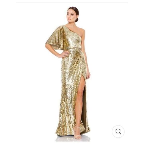 Mac Duggal 93540 Gold Sequined Olive One Shoulder Gown, Size 2, NWT - Picture 5 of 9